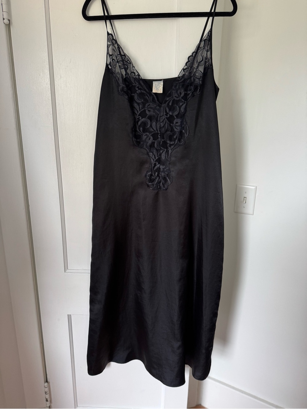 Black Lace-Trim Slip Chemise - Women's Silky Nightdress